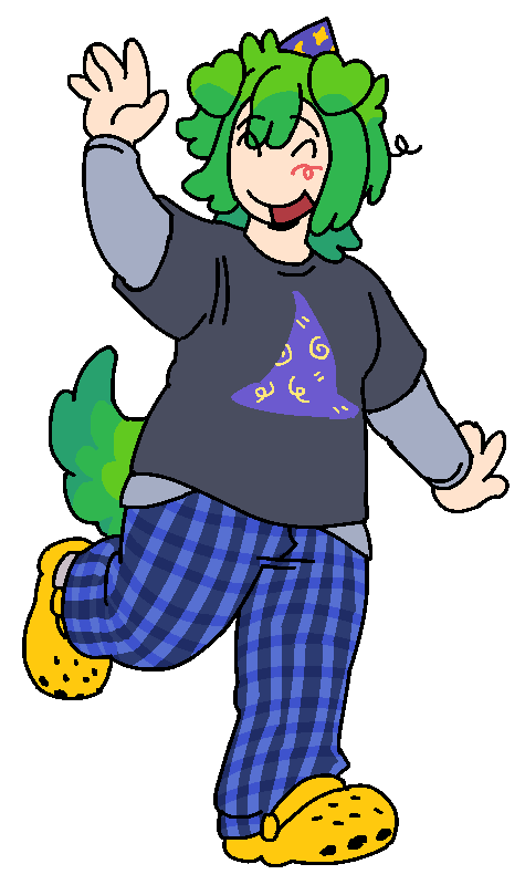 a drawing of my sona, he is a dogboy with green hair wearing a wizard hat. he is also wearing a shirt with a wizard hat on it, pajama pants and bright yellow crocs :]